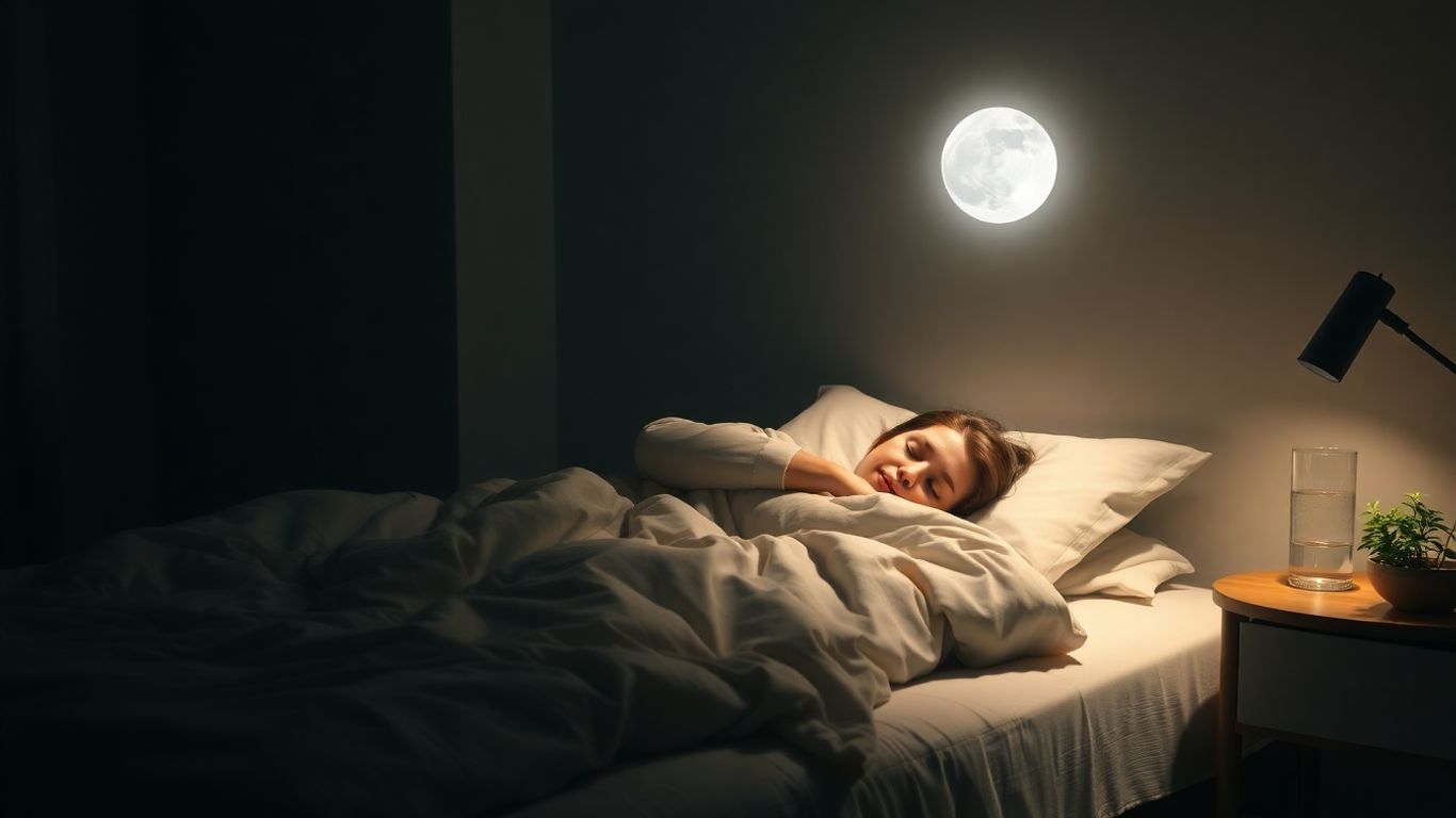 Person sleeping peacefully in a moonlit bedroom.