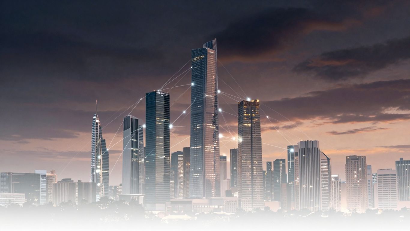 Futuristic city with digital streams connecting buildings.