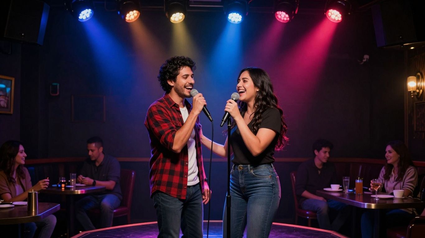 Paar singt glücklich in einer Karaoke-Bar