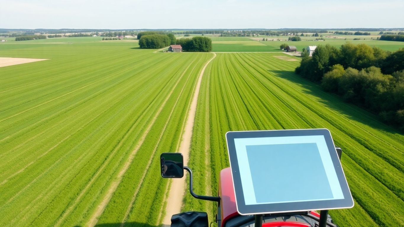 Tractor pe câmp folosind tabletă pentru agricultură digitală.