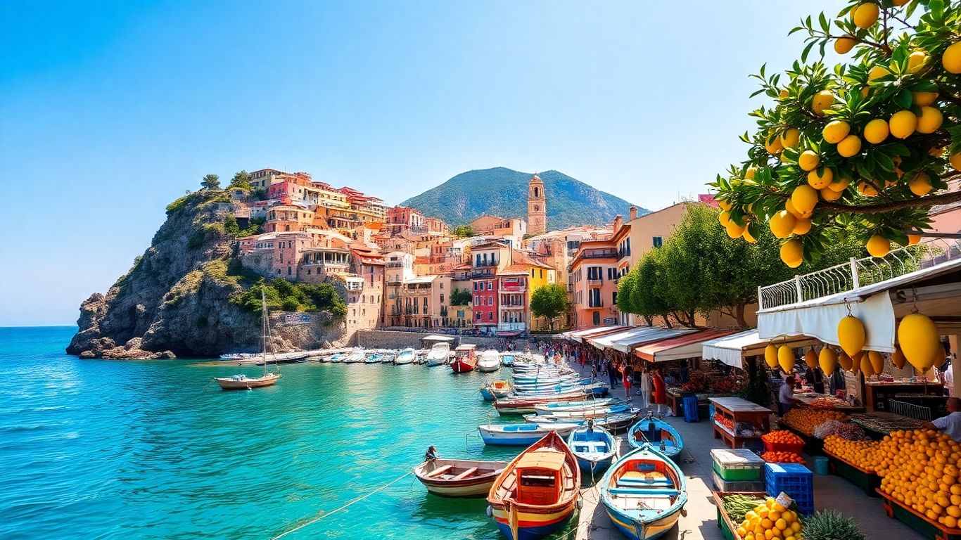 Sicilian coast with Mount Etna and colourful villages