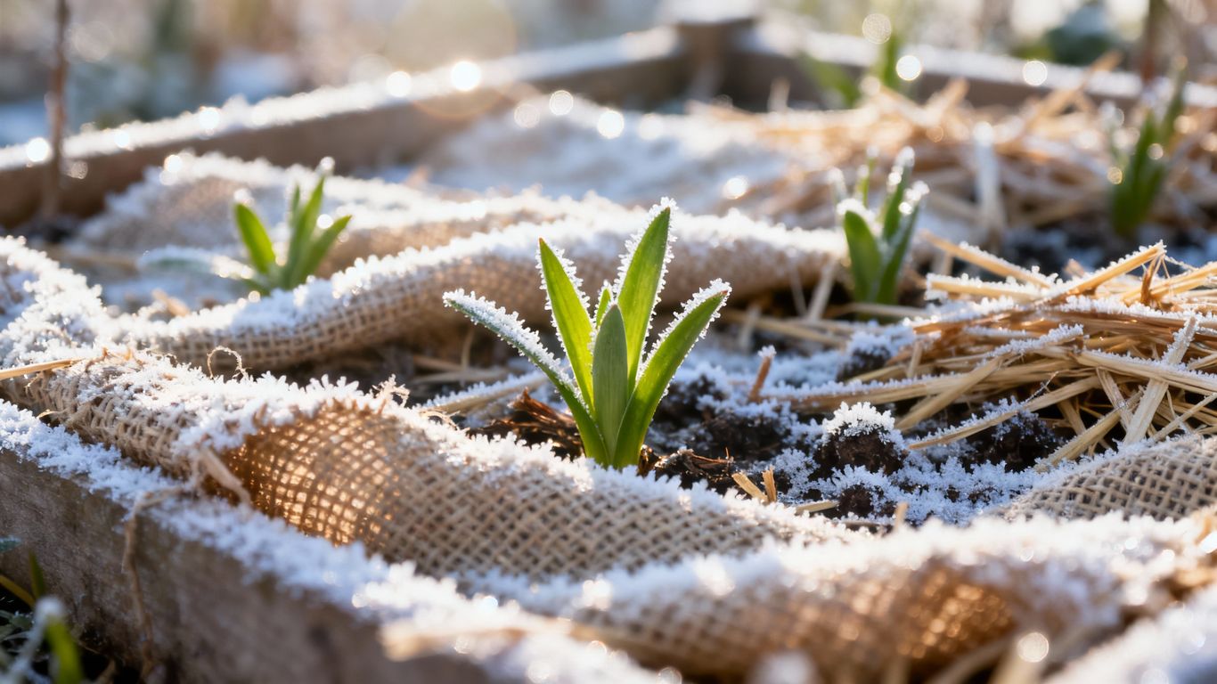 Plants protected with burlap and straw in winter.