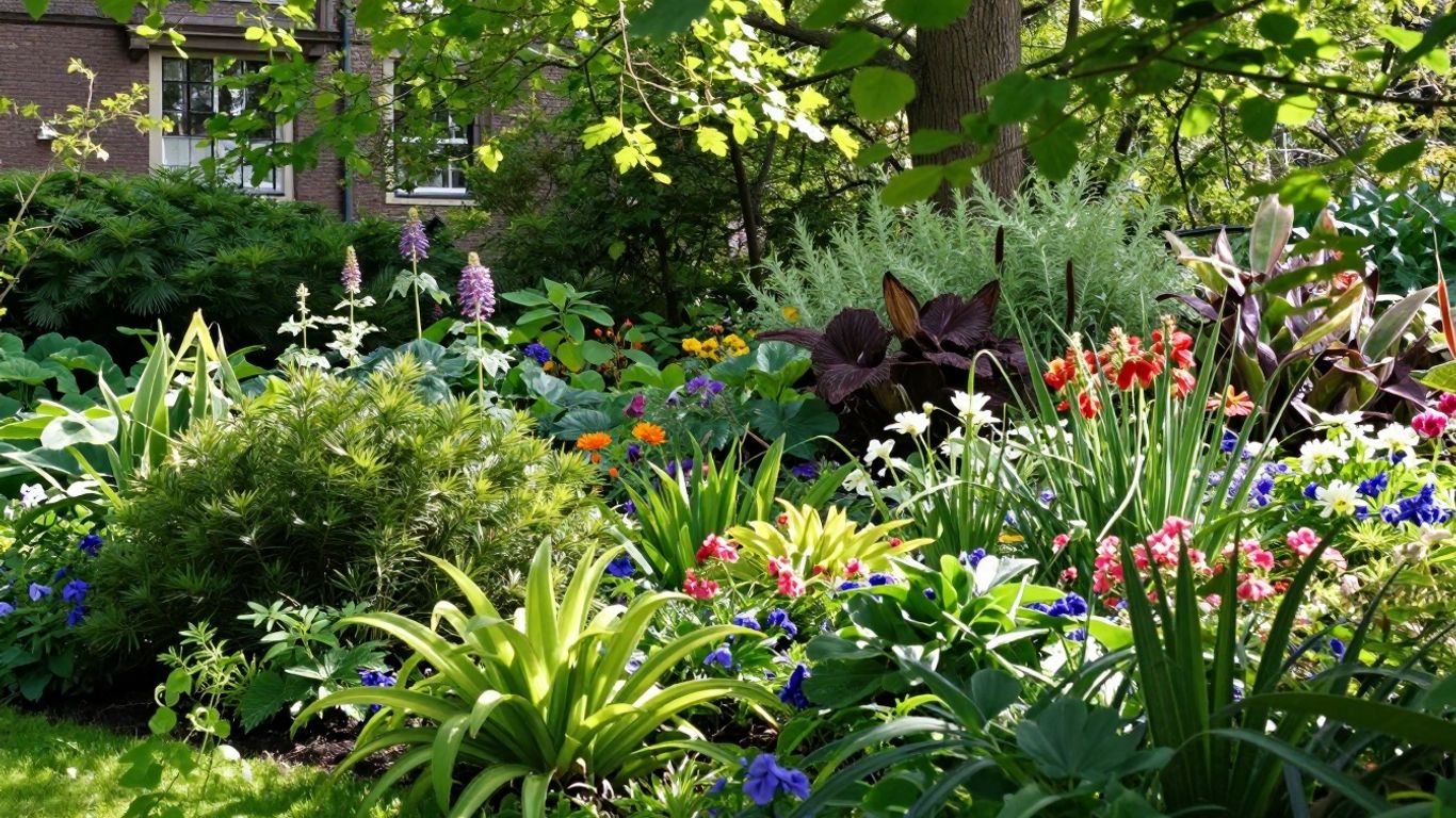 Bloeiende planten en weelderig groen in de Botanische Tuinen Utrecht.