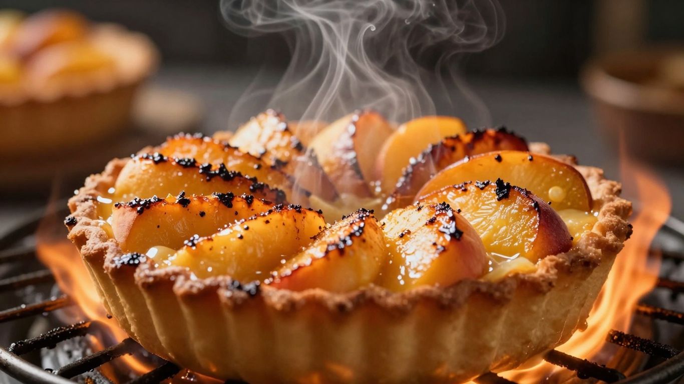 Grilled fruit tart with caramelized crust on a barbecue.