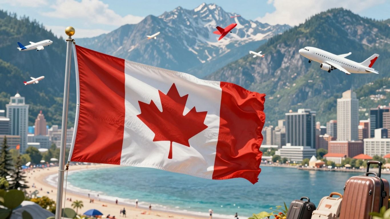 Canadian flag with travel destinations and airplane icons.