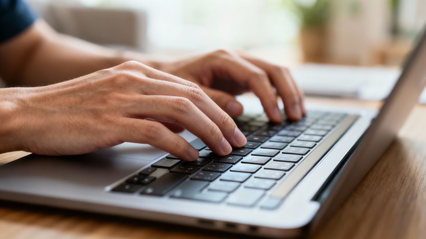 Hands typing on a laptop for remote computer repair.