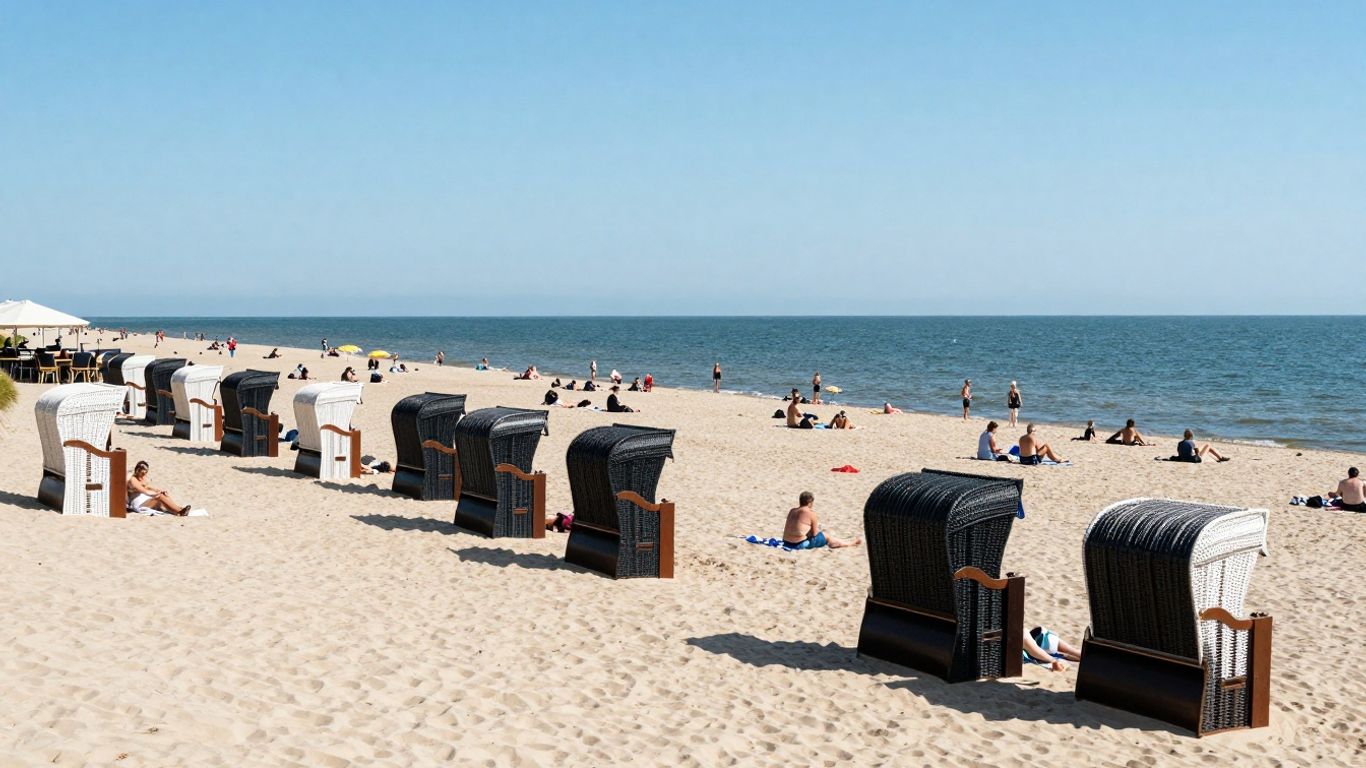 Strandpaviljoens en mensen op het Zuiderstrand bij zonsondergang.