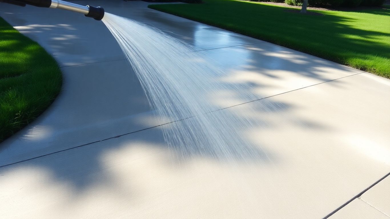 Power washing a dirty concrete driveway clean.