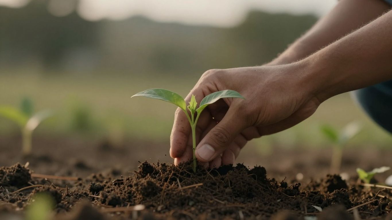 Hands planting a small seedling in rich soil.