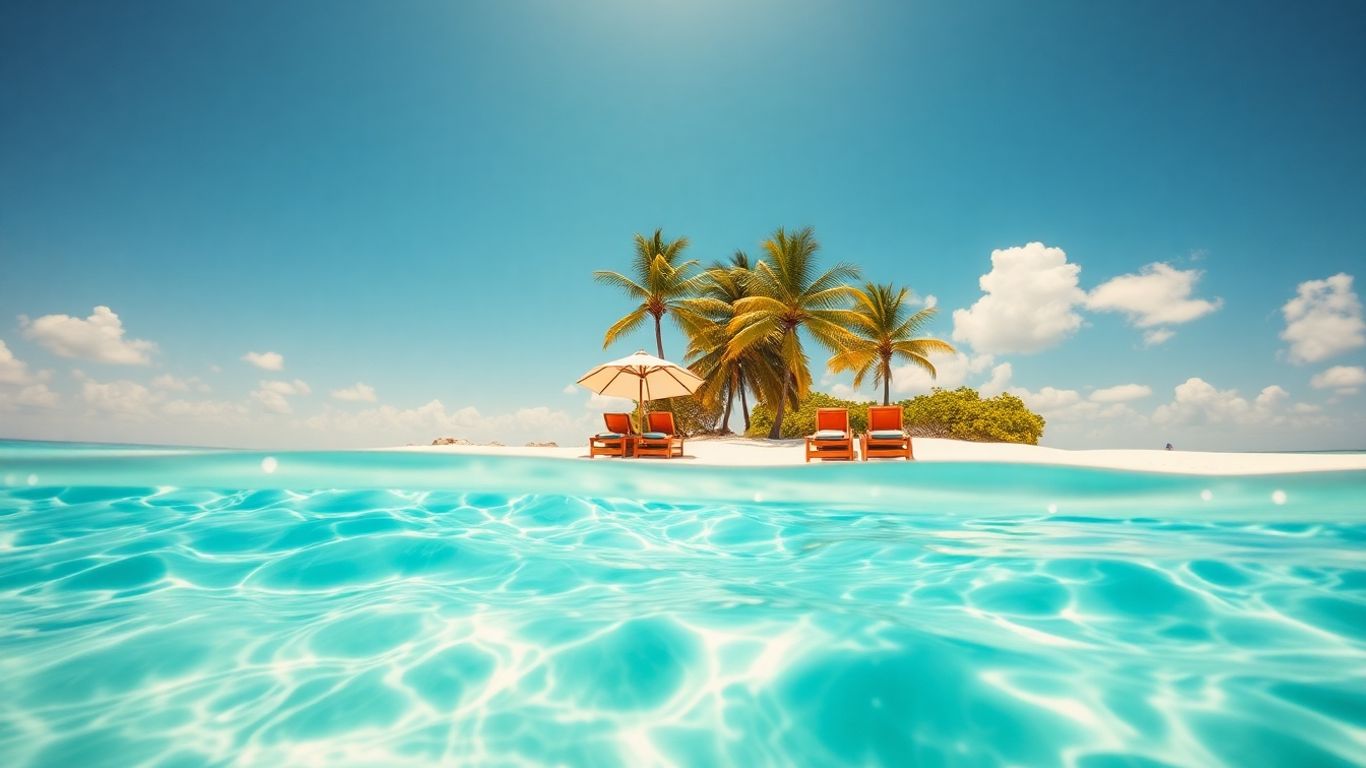 Couple relaxing on a sunny beach with clear blue water.
