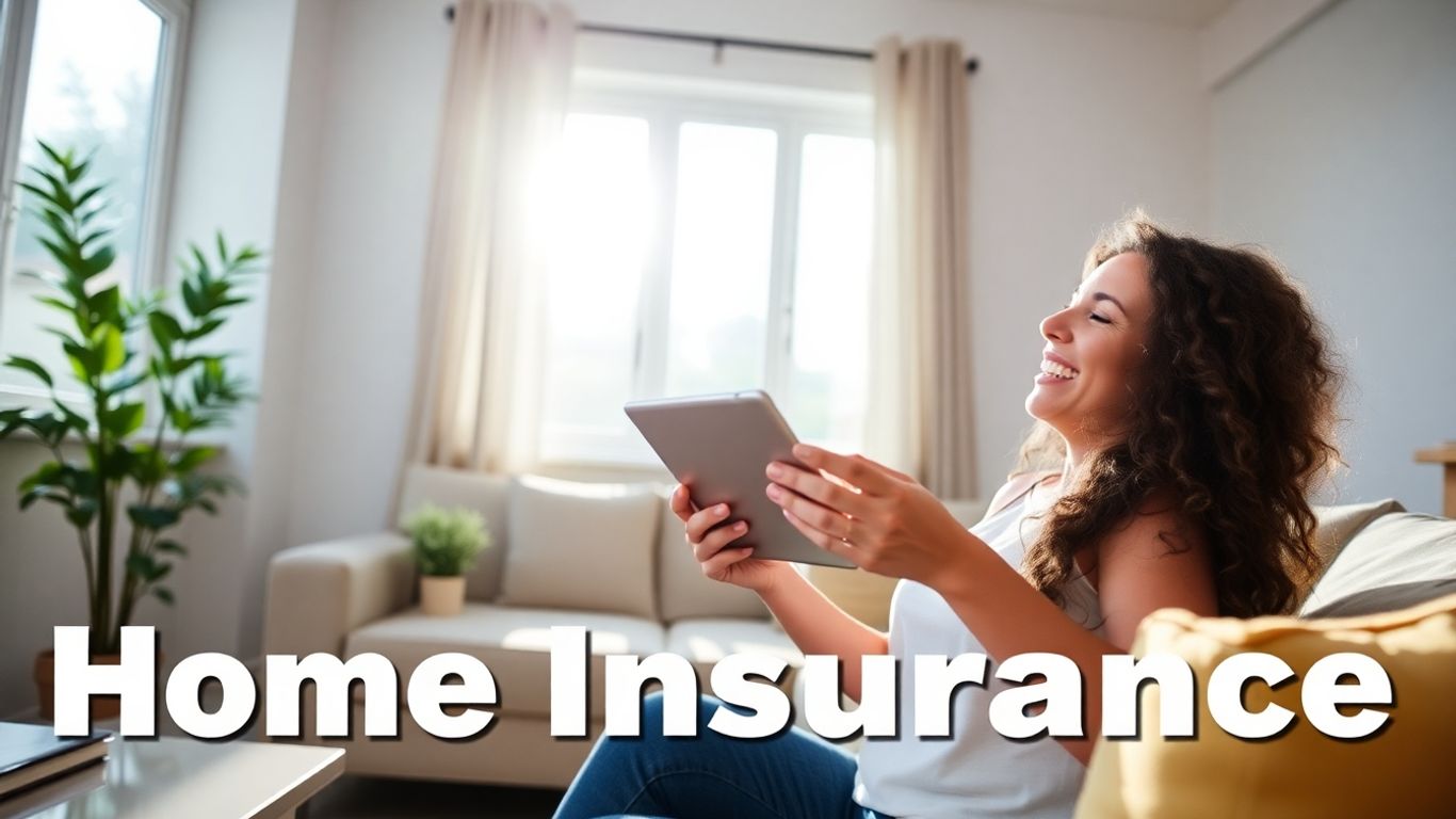 Persona feliz usando tableta para seguro de hogar.