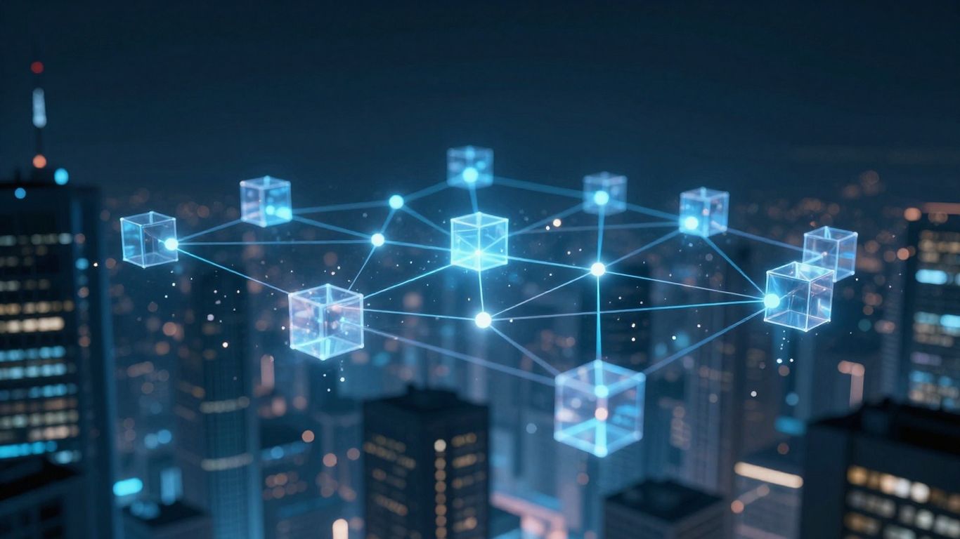 Futuristic cityscape with glowing blockchain network above.