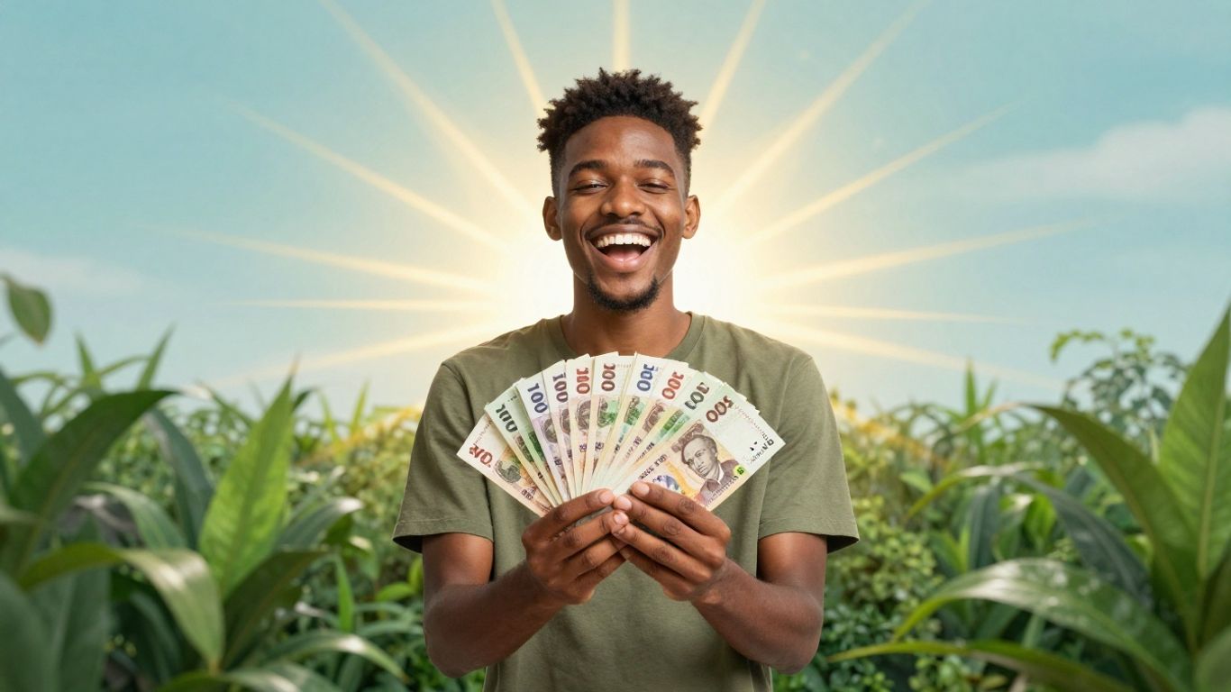 Person holding money with golden light and green plants.