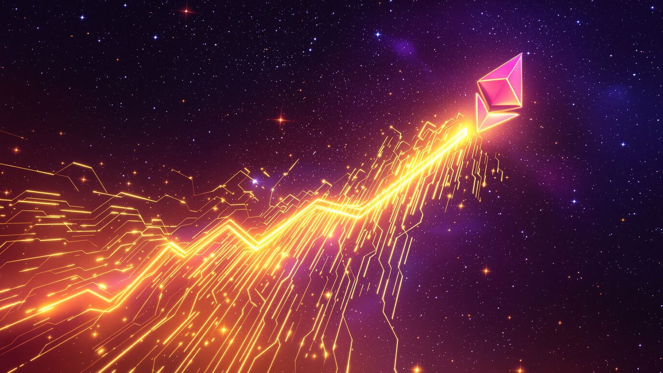 Ethereum symbol soaring upwards with golden light trails.