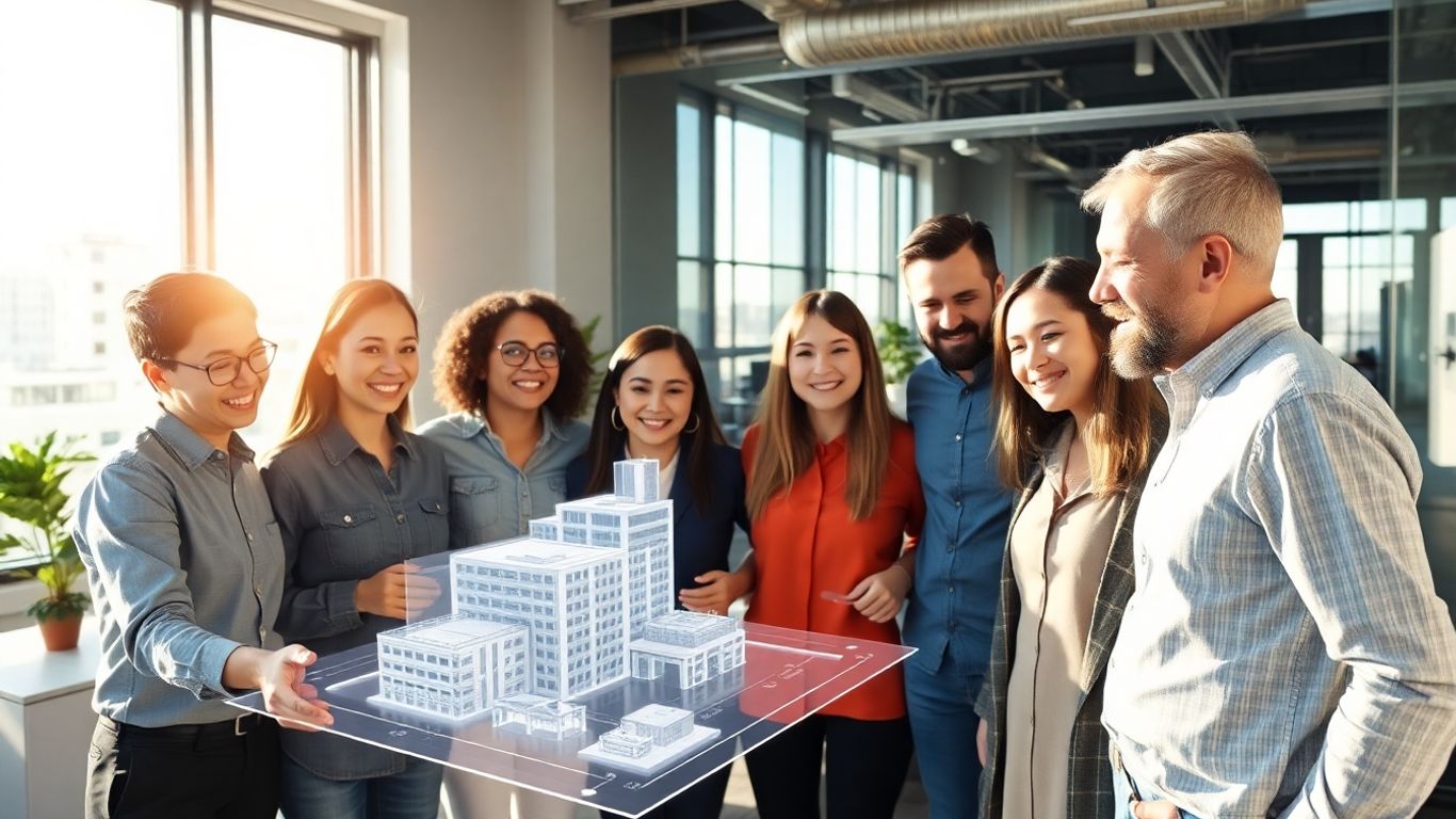 Architects using AI for 3D building design collaboration.
