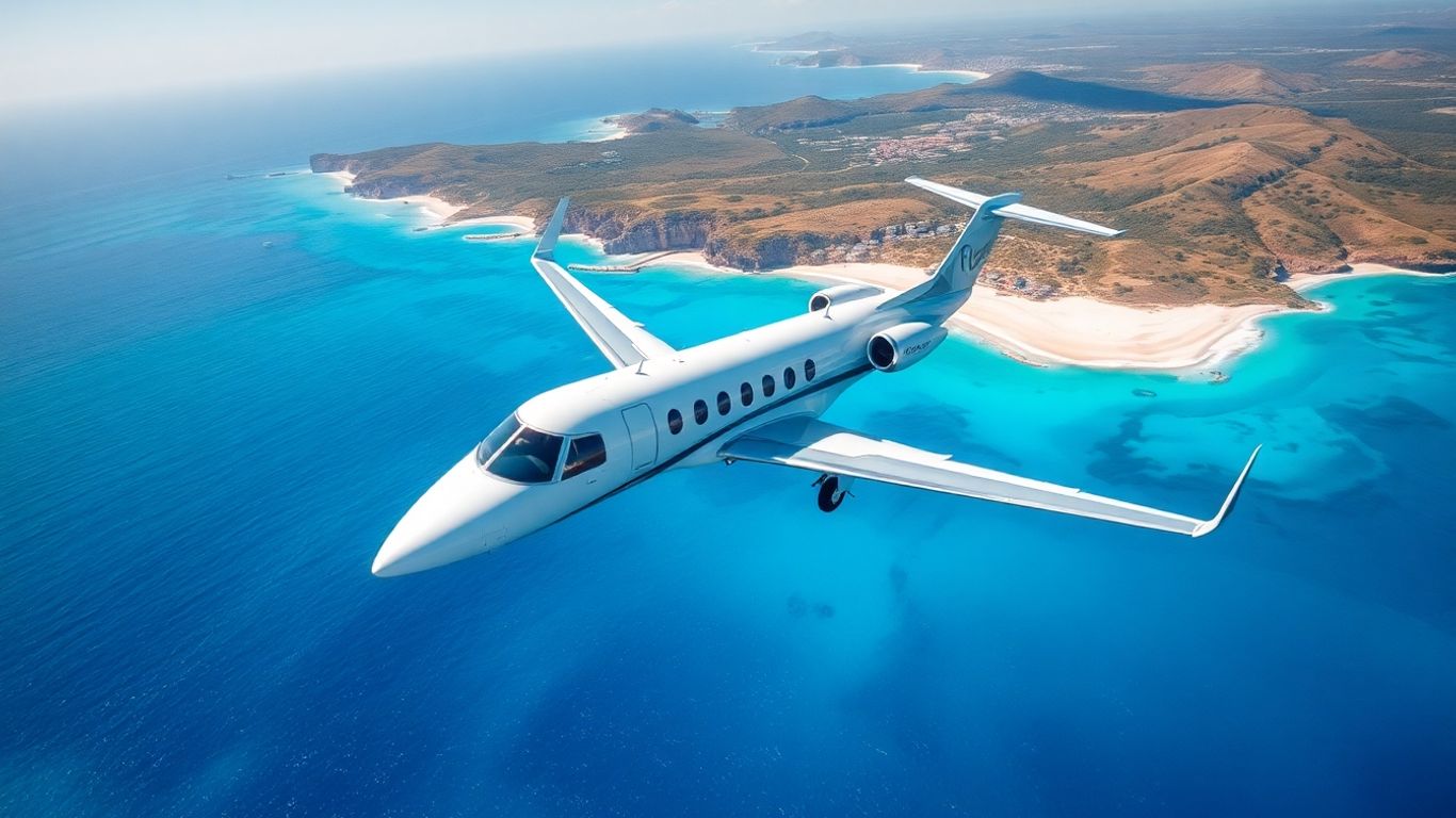 Private jet flying over a tropical beach destination.