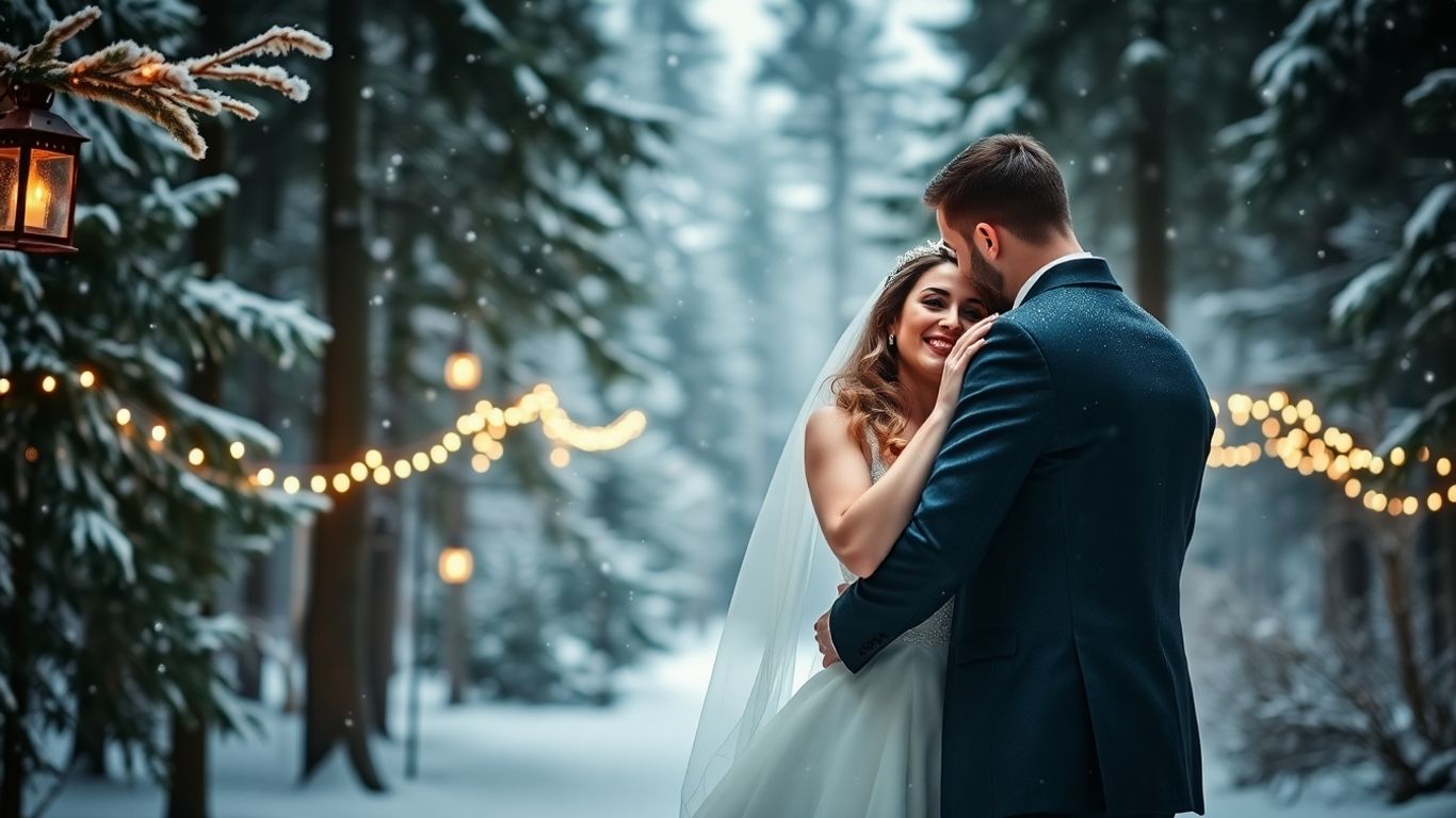 Magical winter wedding scene with snow, lights, and couple.