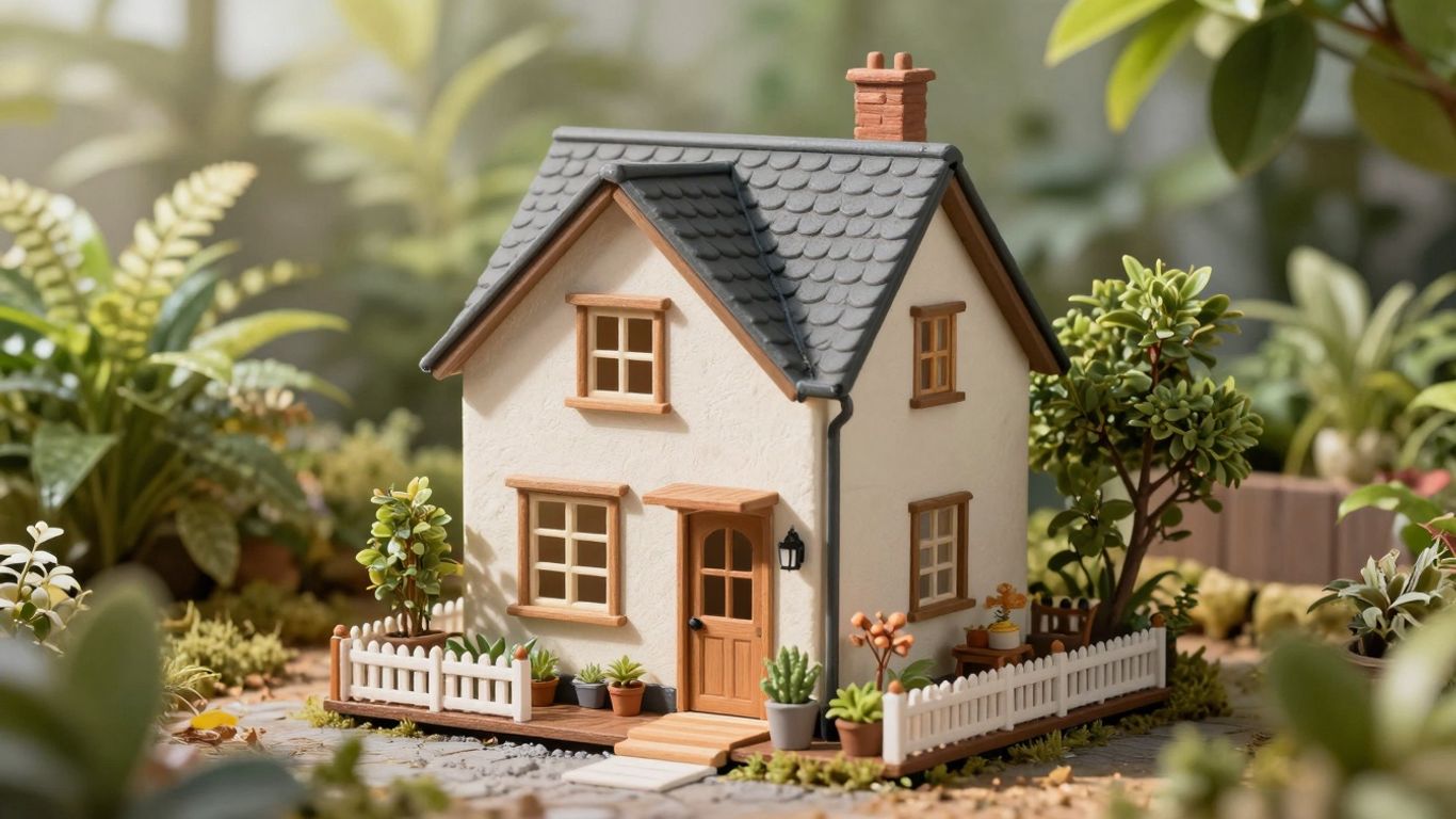 Cozy miniature house surrounded by green plants.