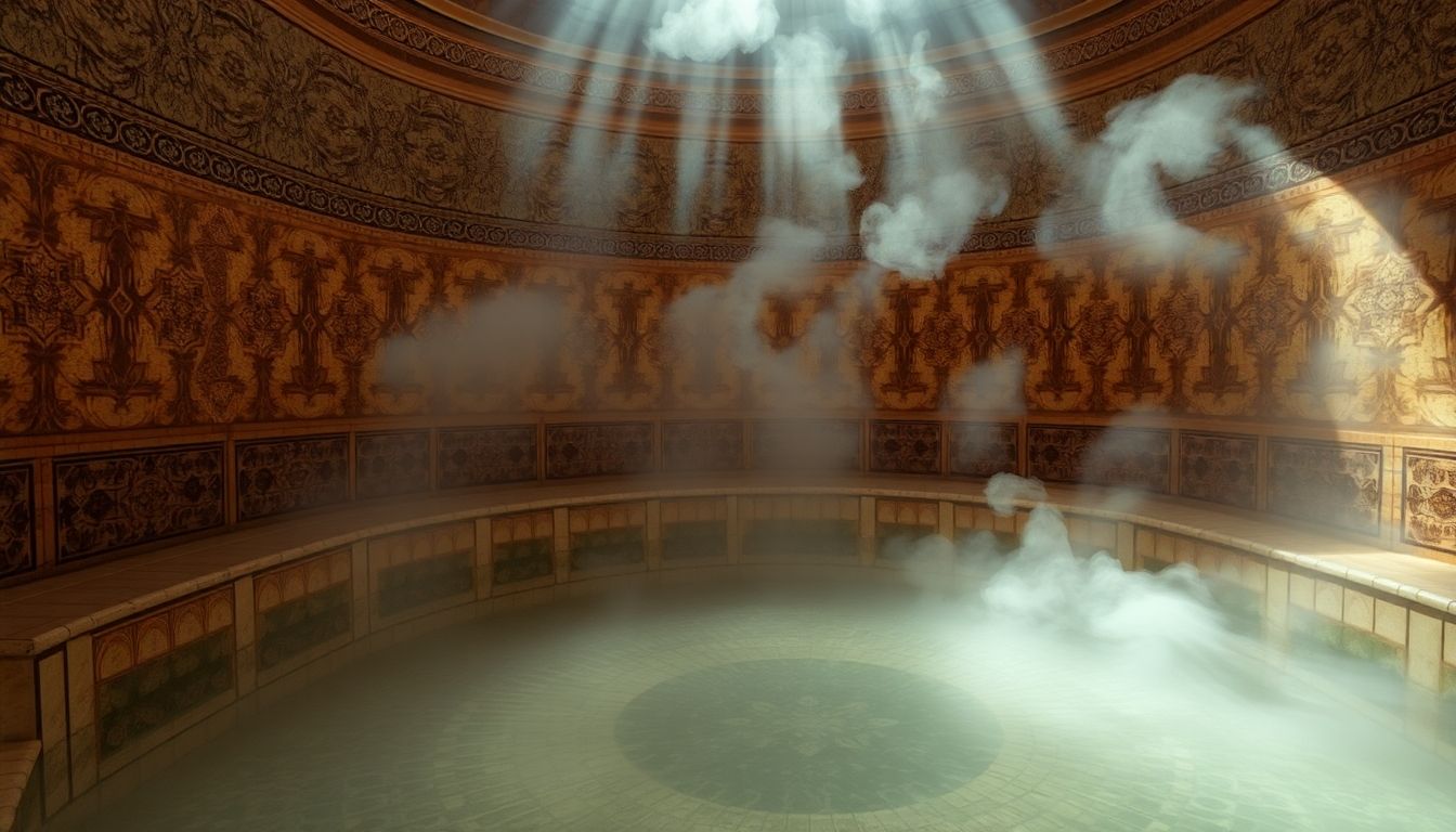 Interior of a steamy, tiled hammam.