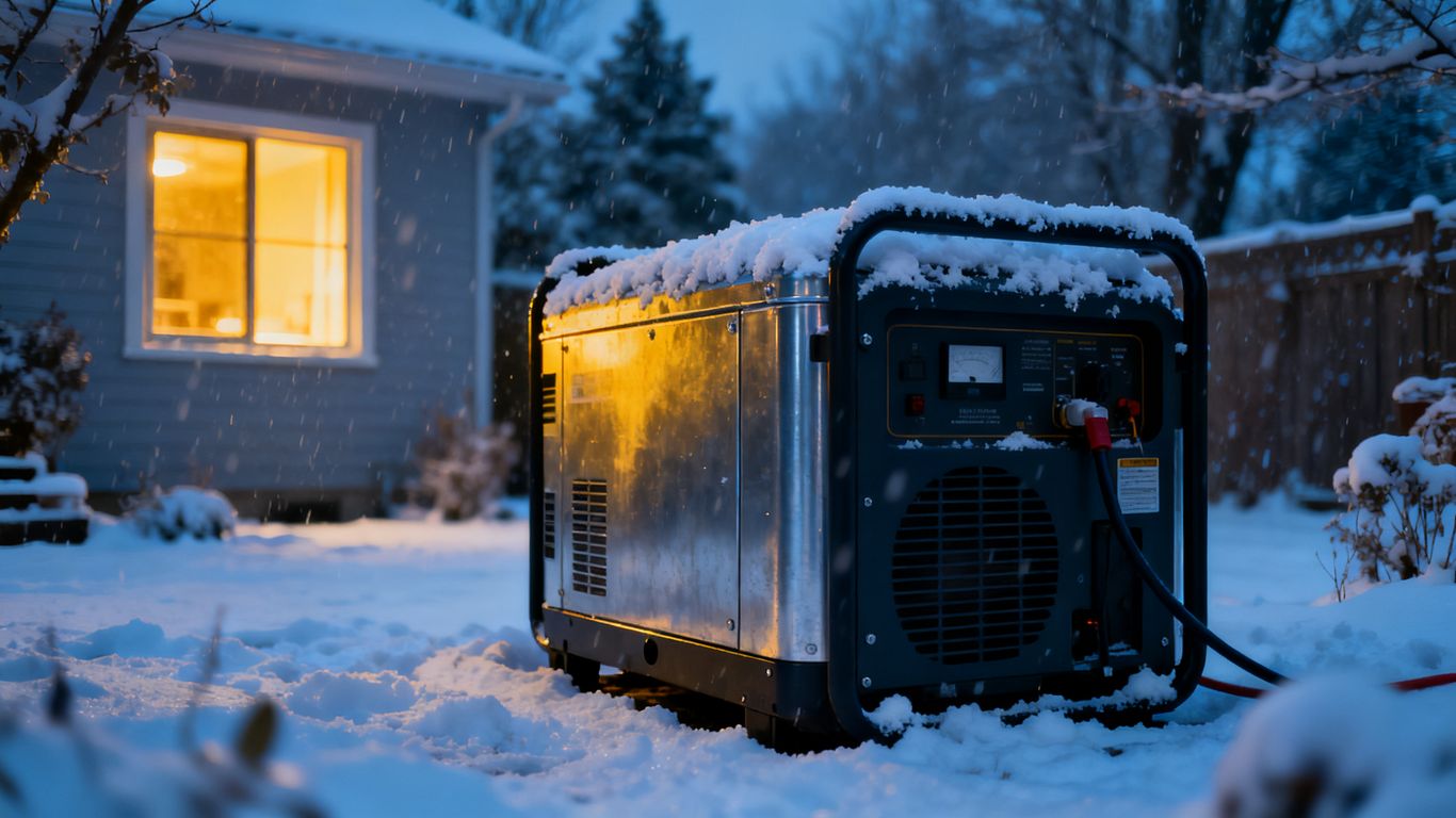 Backup generator in snowy yard, house light on.