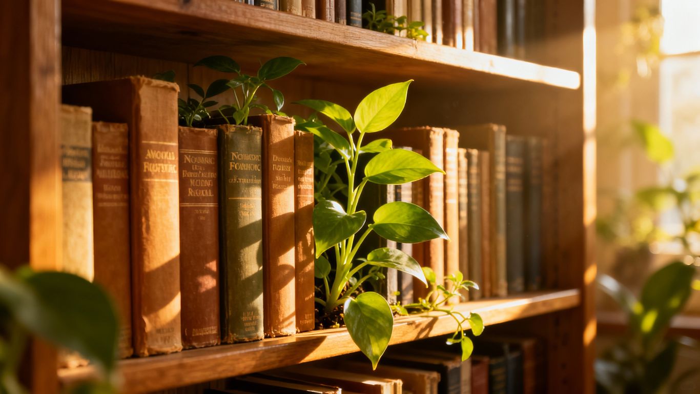 Bookshelf with plants, symbolizing sustainable living.