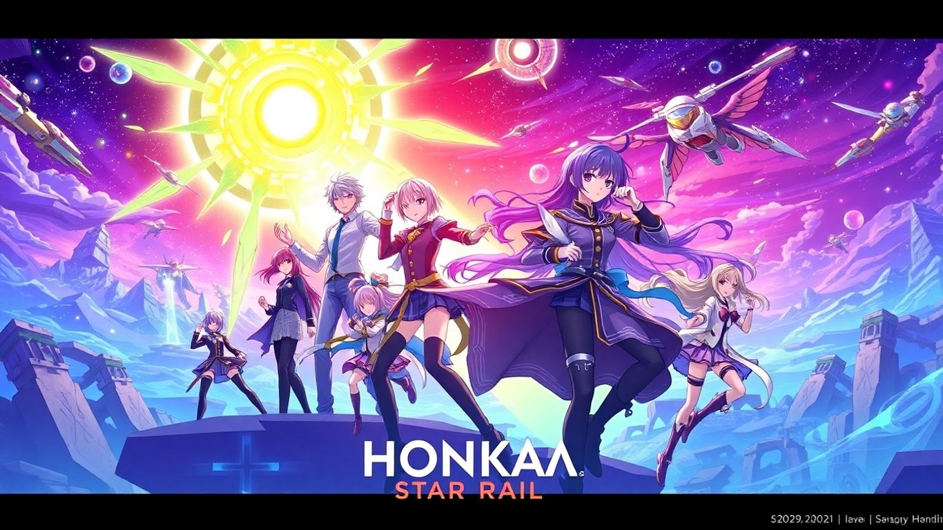 Honkai: Star Rail characters in a cosmic, illustrative game scene.