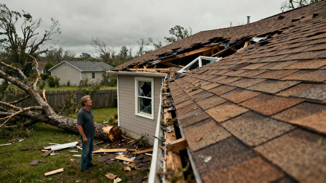 Homeowner assessing storm damage to house exterior.