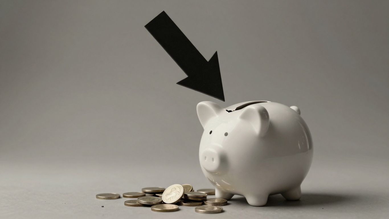 Săgeată în jos, porțelan spart, monede împrăștiate.