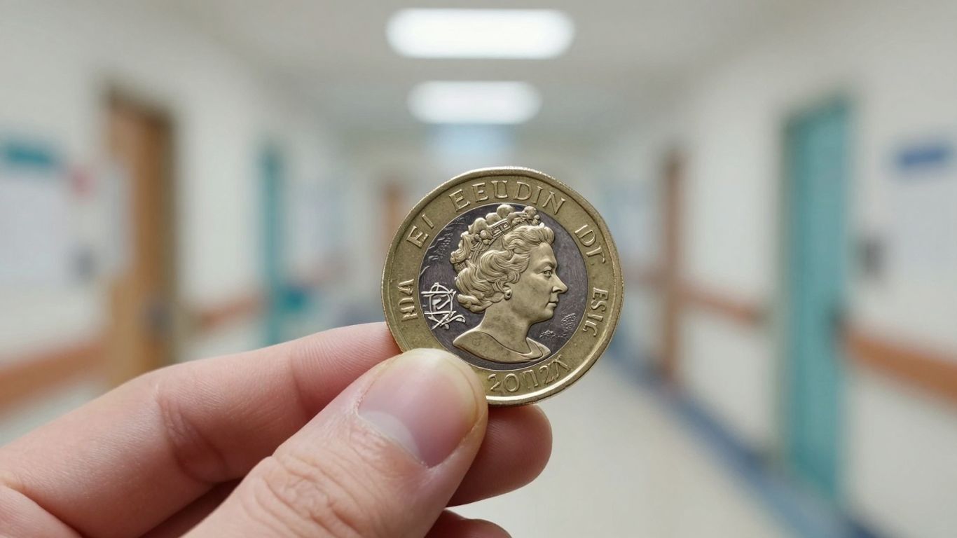UK pound coin held in hand, blurred hospital background.