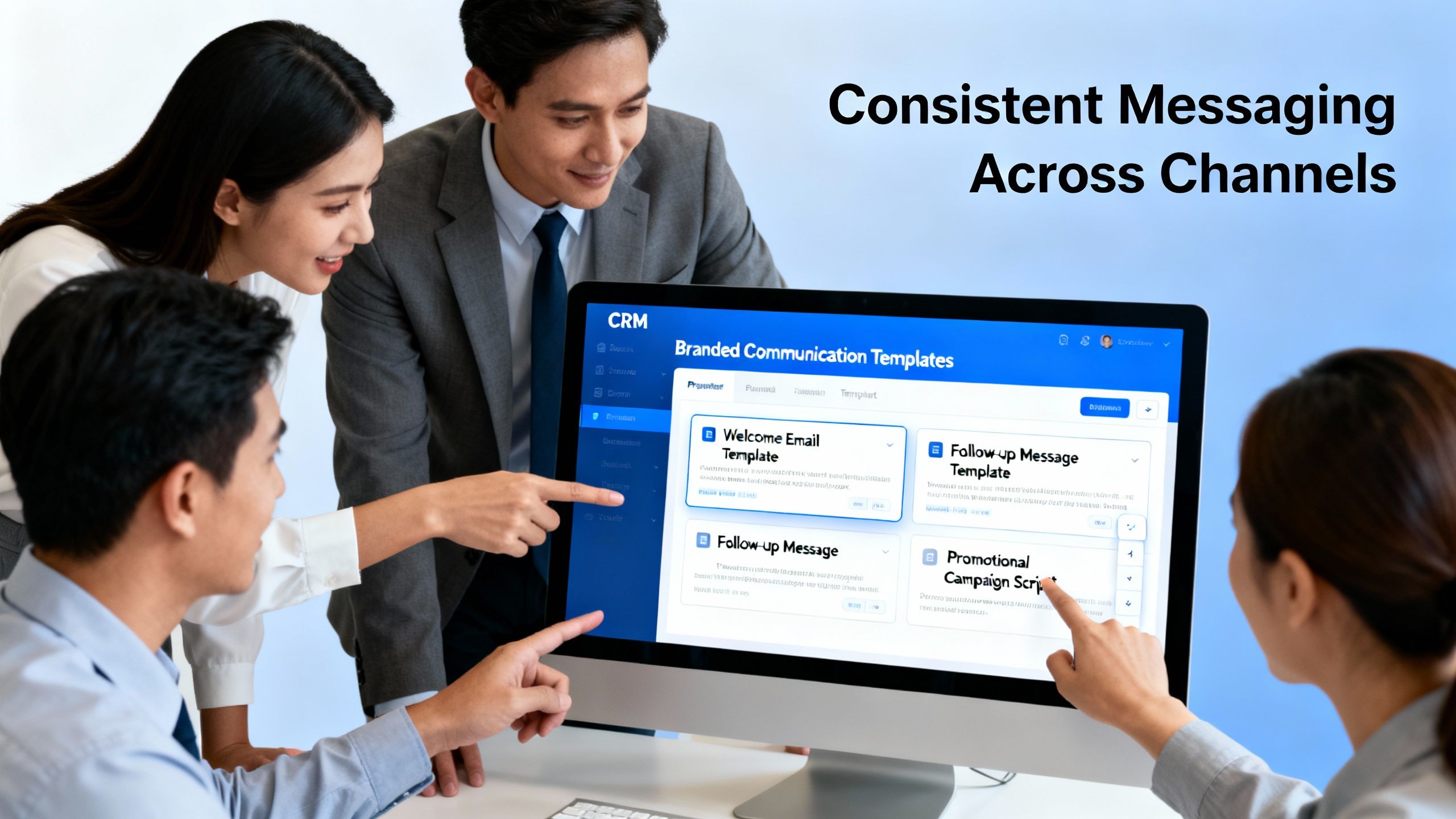 Equipo utilizando plantillas de comunicación de marca dentro del CRM para mantener mensajes consistentes