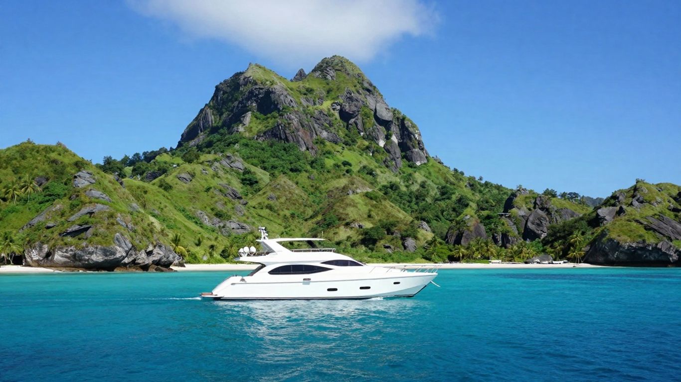 Luxury yacht sailing near Komodo Islands.