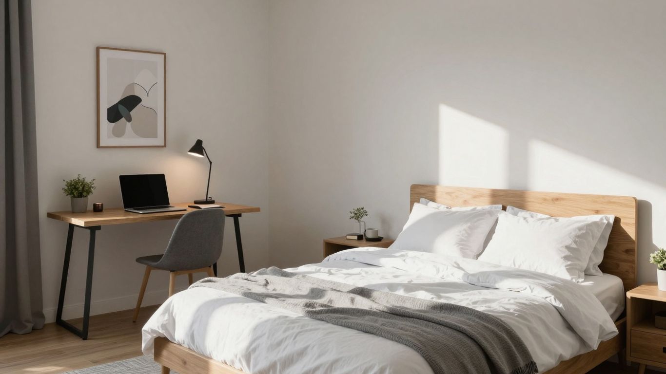 Bett und Arbeitsplatz in einem Studio Apartment