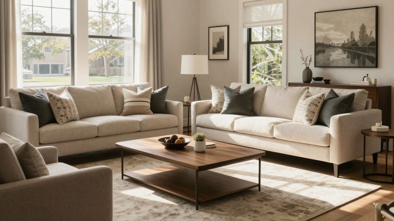 Modern living room with new furniture for Airbnb.