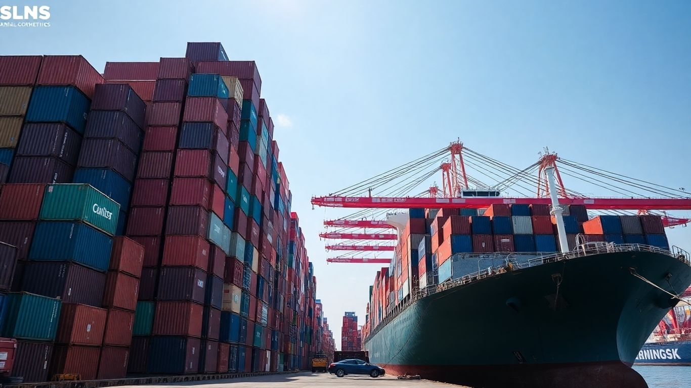 International shipping port with cargo containers and a large ship.