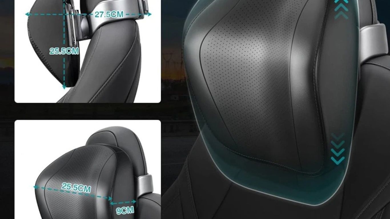 Car seat neck pillow with adjustable support for comfort.