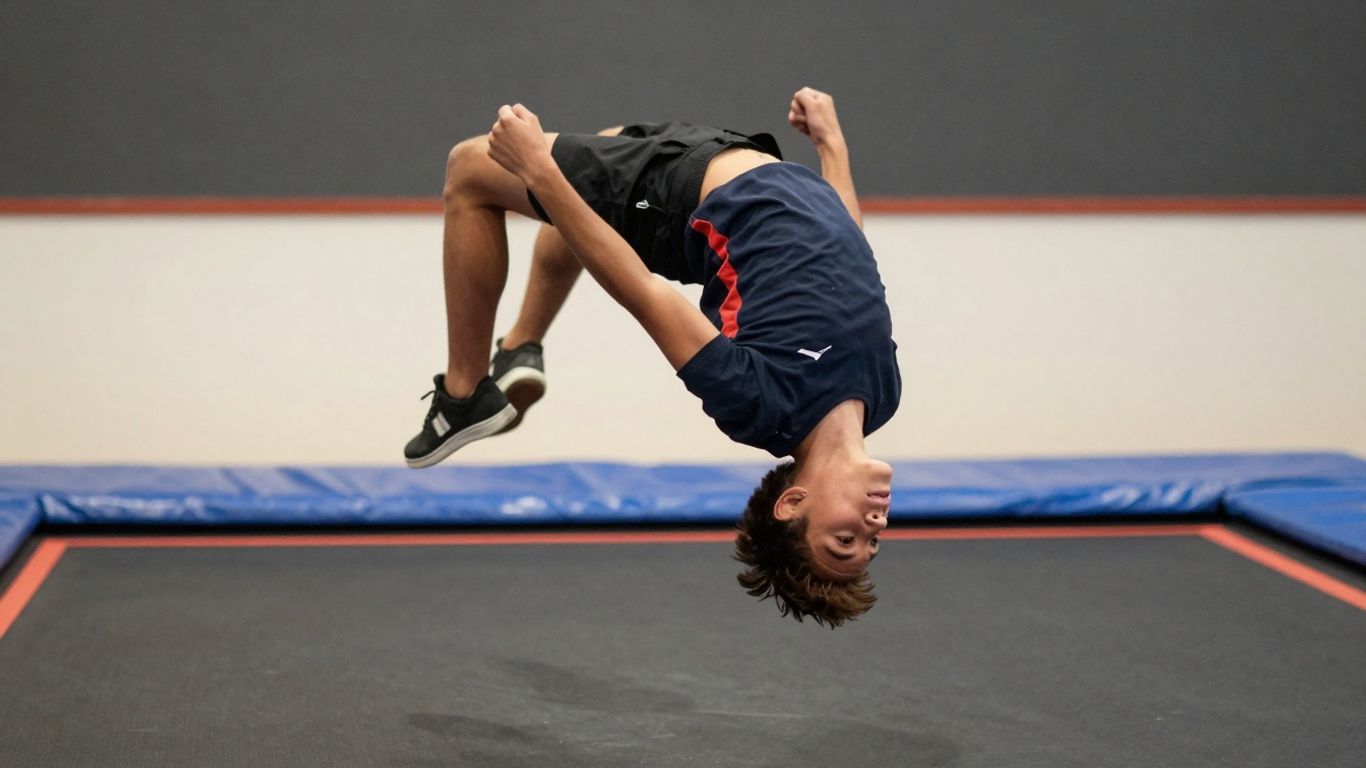 Person doing a backflip on a trampoline.