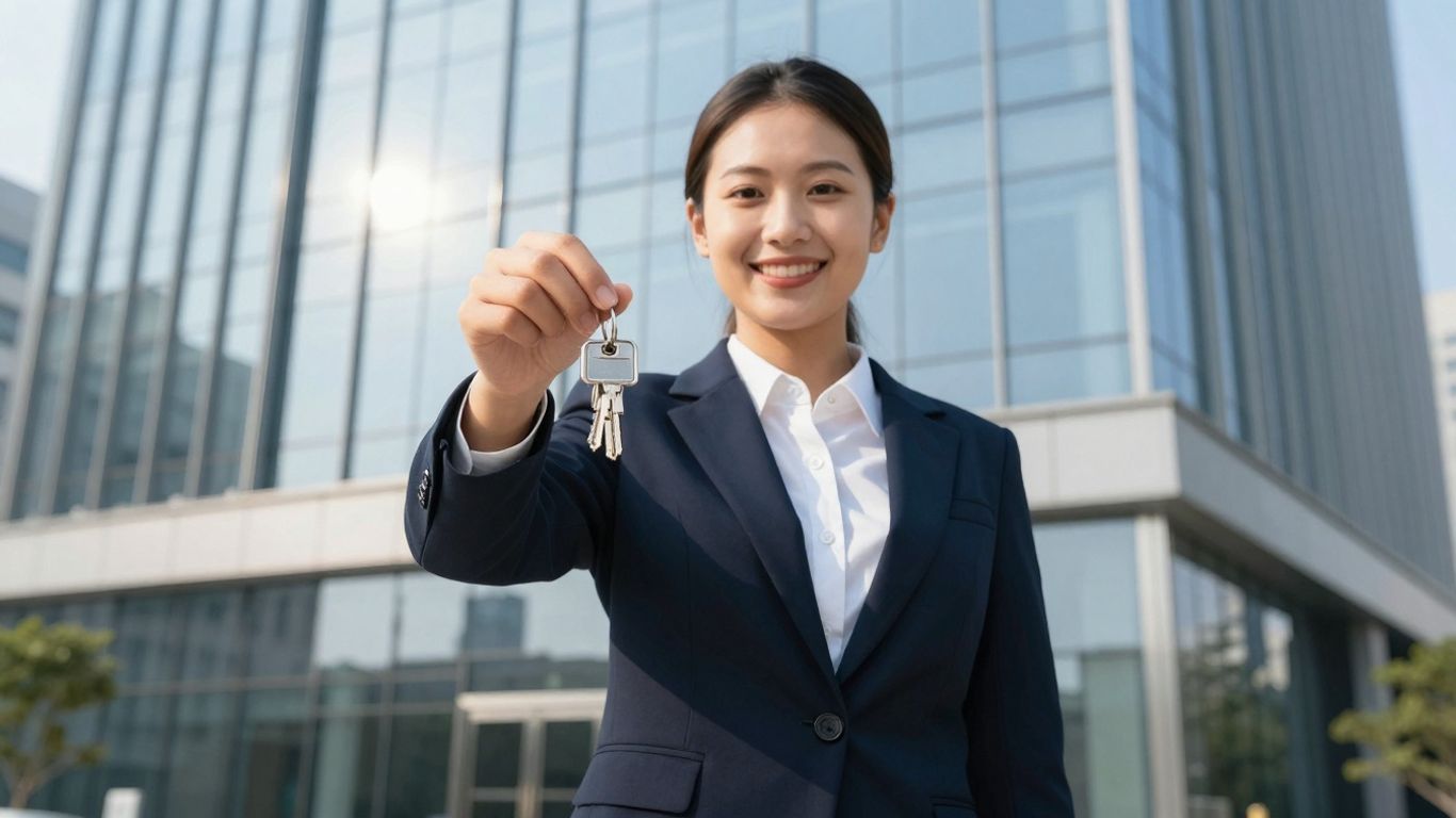 Pennsylvania real estate broker with keys outside office