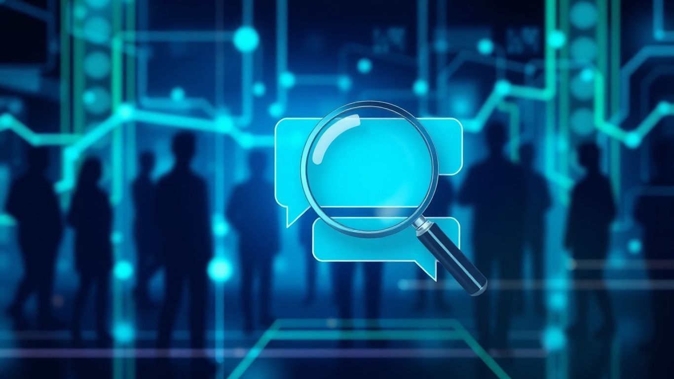 AI chatbot interface with people silhouettes and magnifying glass.