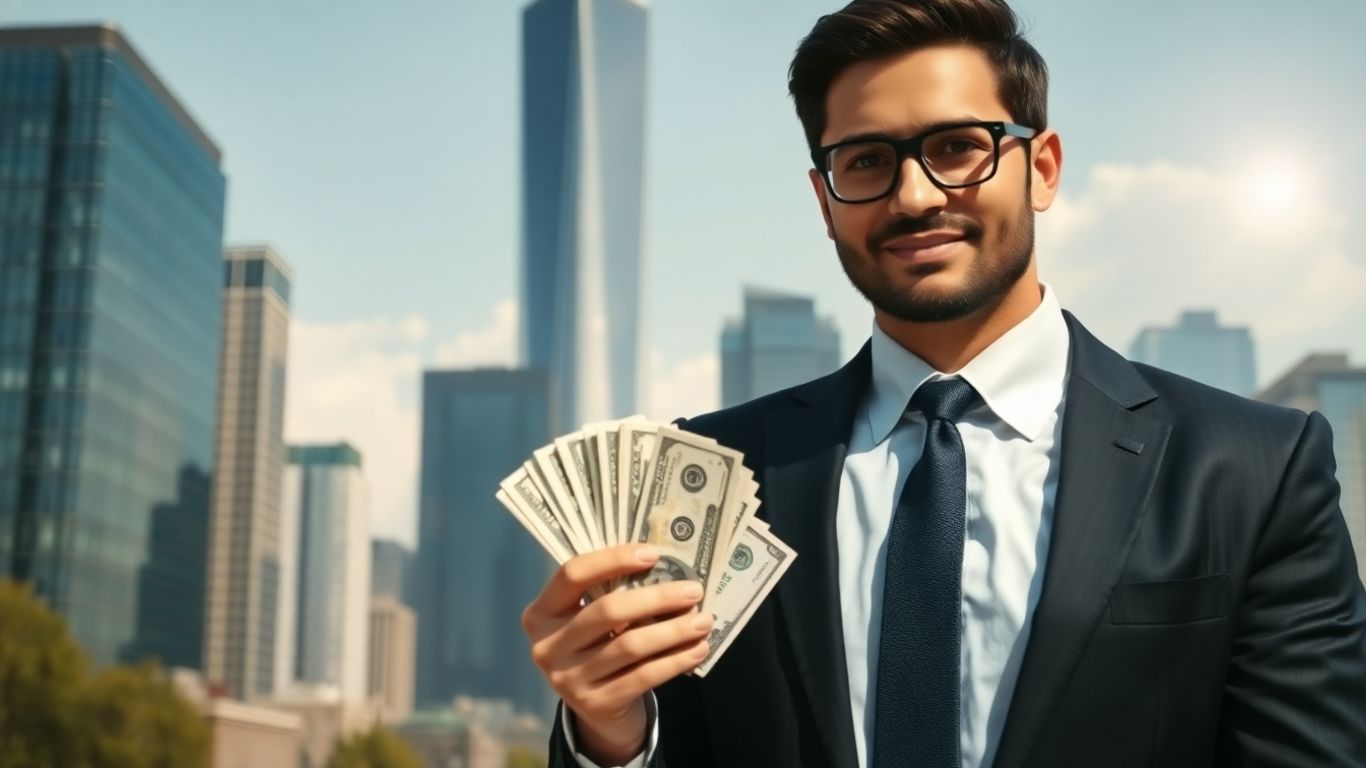 Real estate agent with money and cityscape.