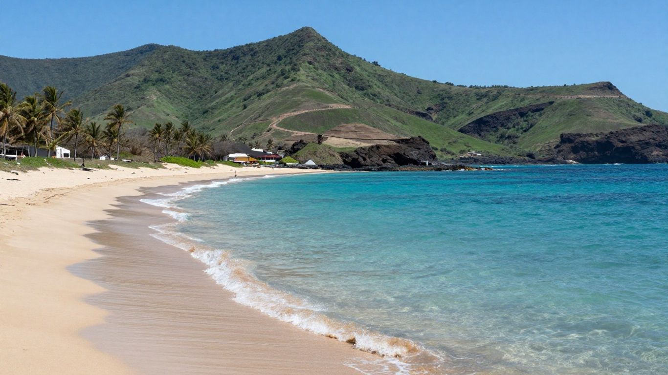 Sunny beach with turquoise water and volcanic hills in Canary Islands.