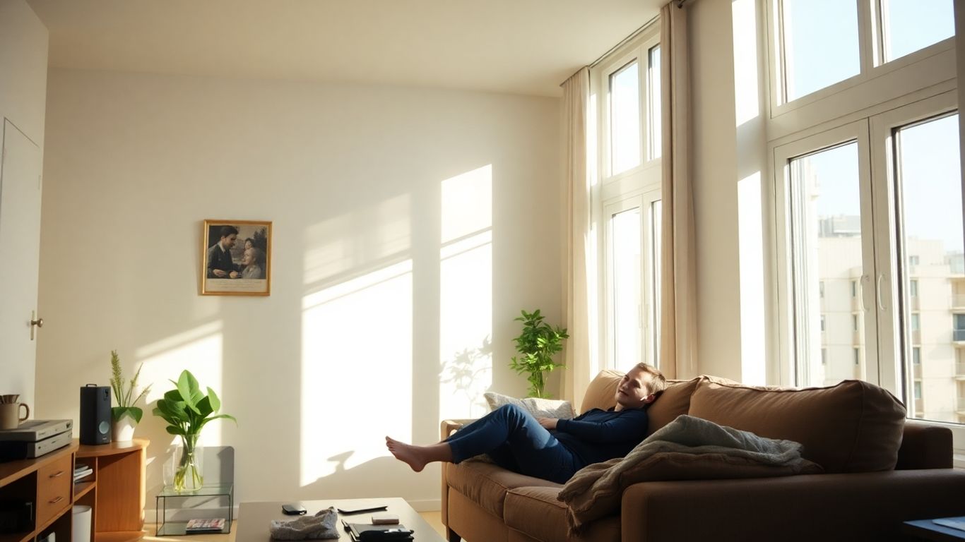 Persona relajada en un apartamento seguro y moderno.