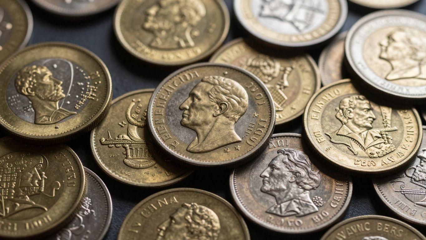 Gold and silver coins stacked and scattered.