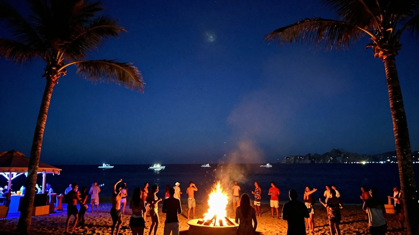 Cabo beach party at night with bonfires and dancing.