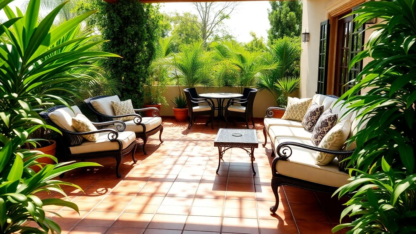 Beautifully tiled patio with outdoor furniture and plants.
