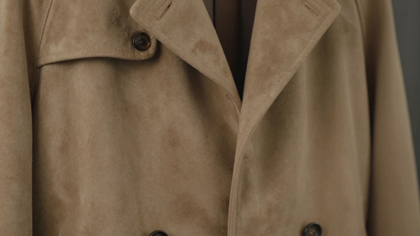 Luxurious suede trench coat with rich texture.