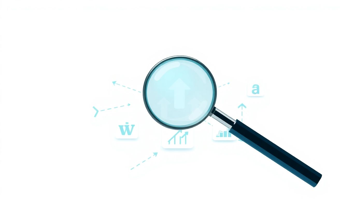 Magnifying glass over linked website icons with arrows