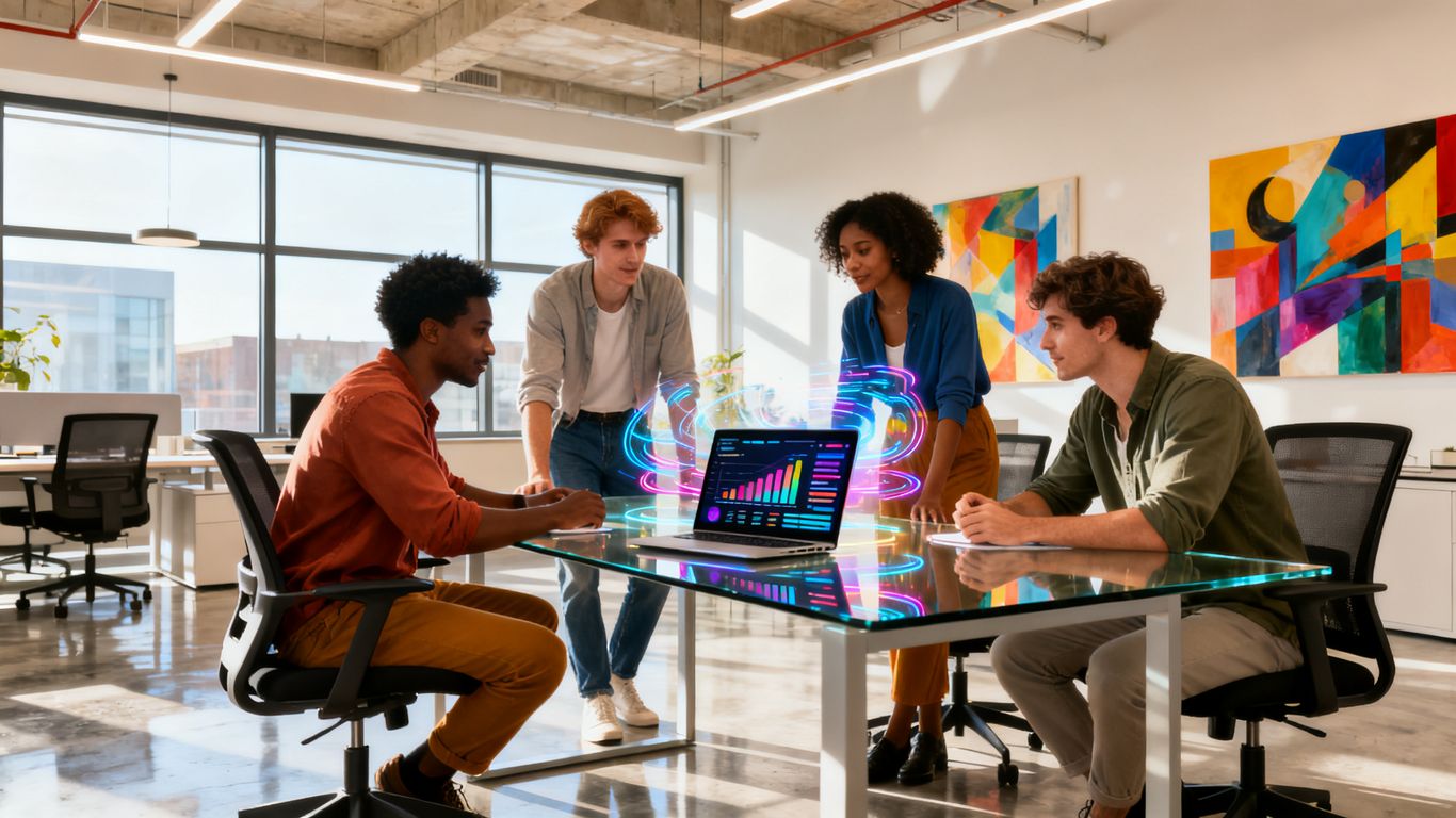 Business professionals collaborating in a modern office.