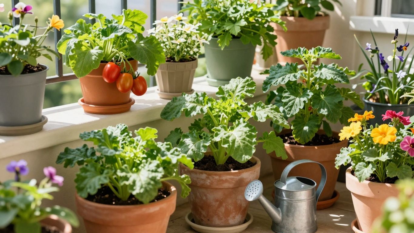 Balkon mit Obst und Gemüse im Sonnenschein