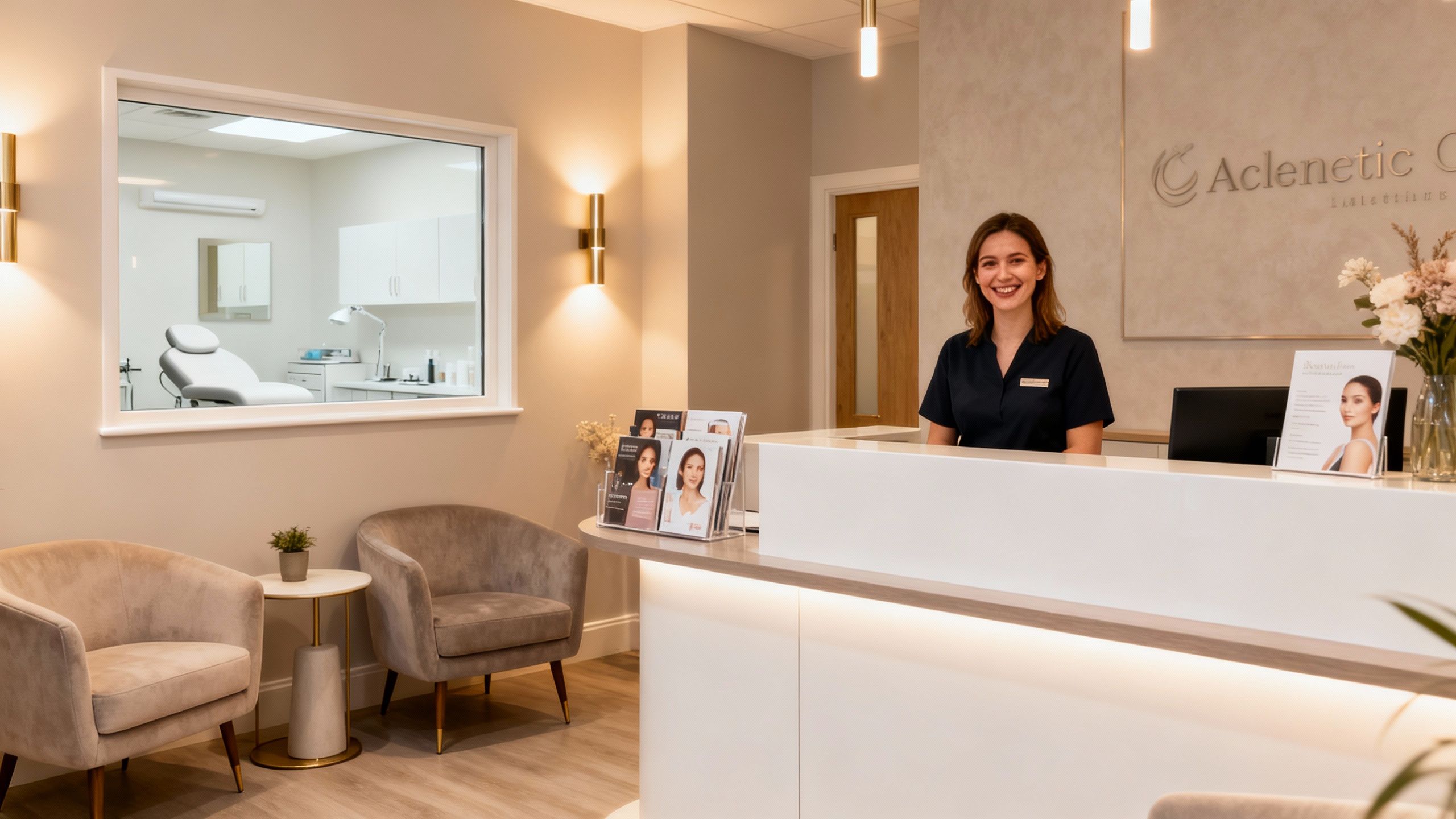 UK aesthetics clinic reception with smiling receptionist and inviting decor.