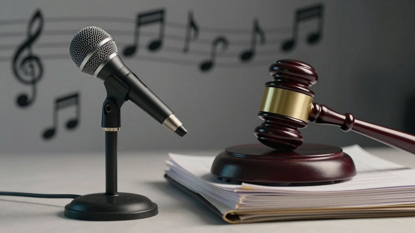 Gavel and microphone symbolizing artistic rights and ownership.